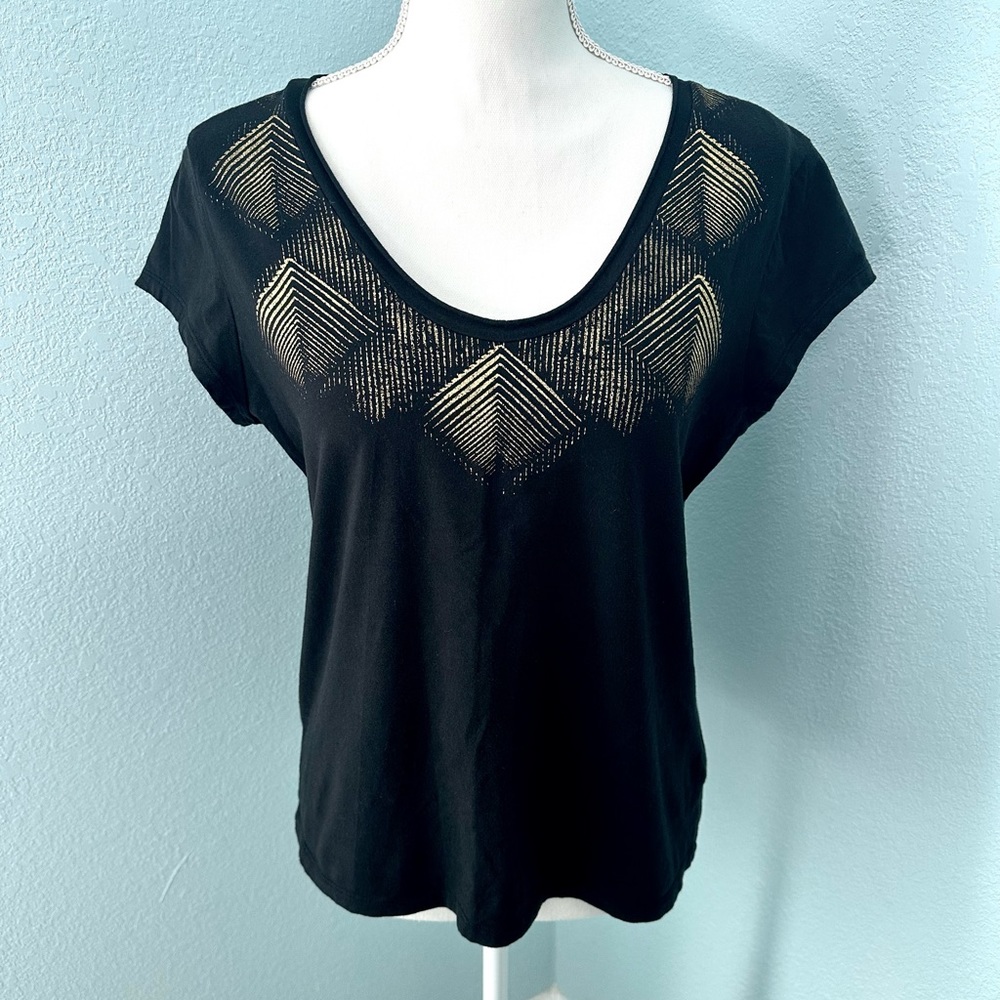 Michael Kors Black Gold Print Scoop Neck Short Sleeve Top Size Large